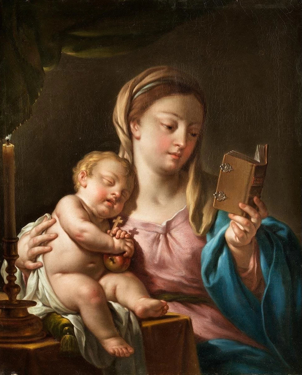 Maria col Bambino legge il libro di preghiere